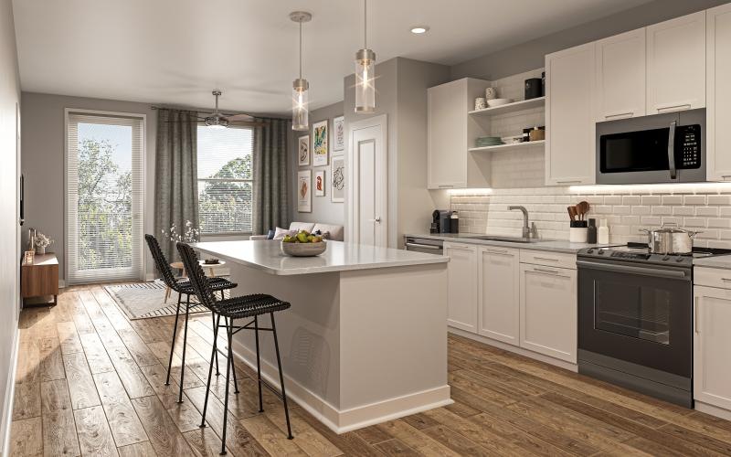 a kitchen with white cabinets