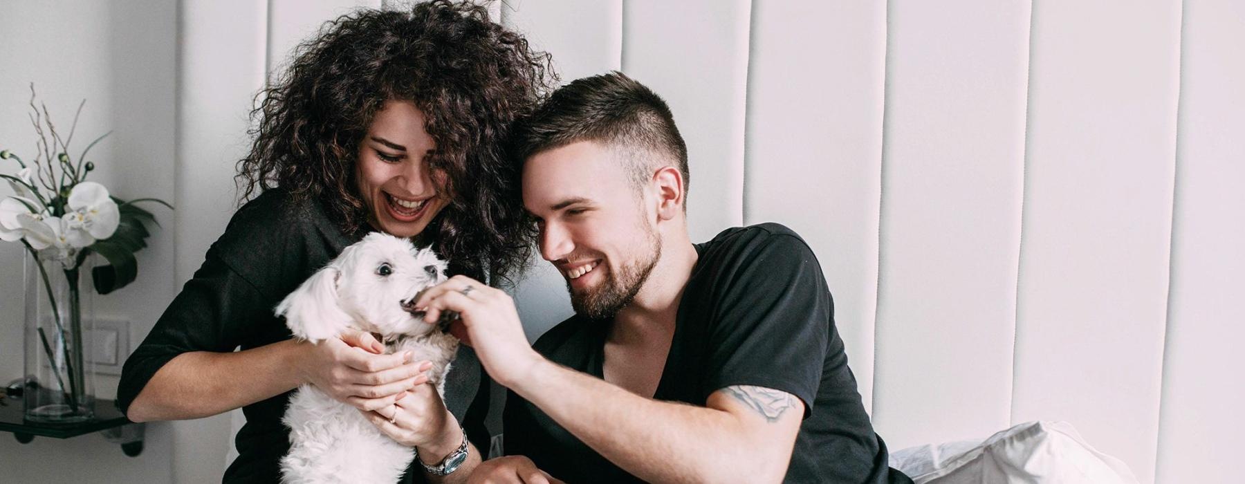 a man and woman sitting on a bed playing with a dog